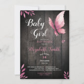 Invitation Petite fille papillon rose aquarelle rustique (Devant)