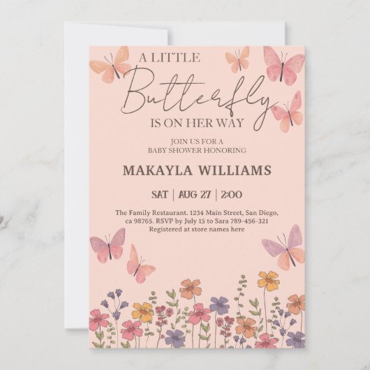 Invitation Petite fille papillon rose Baby shower floral (Devant)