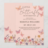 Invitation Petite fille papillon rose Baby shower floral (Devant / Derrière)