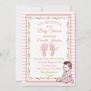 Invitation Petite fille personnalisée Baby shower rose et or