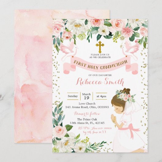 Invitation Petite Fille Priant Floral Première Sainte Communi (Devant / Derrière)