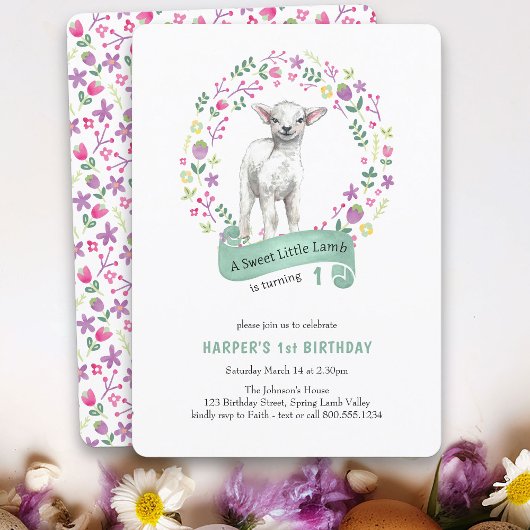 Invitation Petite Fille Printemps d'agneau 1er anniversaire
