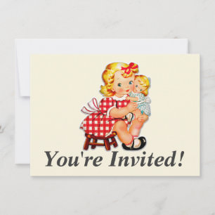 Invitation Petite fille rétro vintage poupée enfant