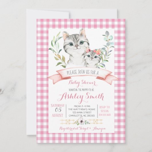 Invitation Petite fille rose baby shower de Kitty cat (Devant)