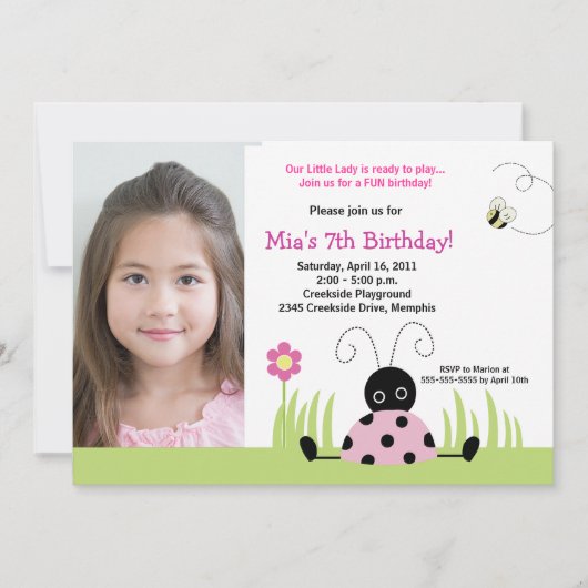 Invitation Petite fille rose Ladybug Modèle d'anniversaire (Devant)