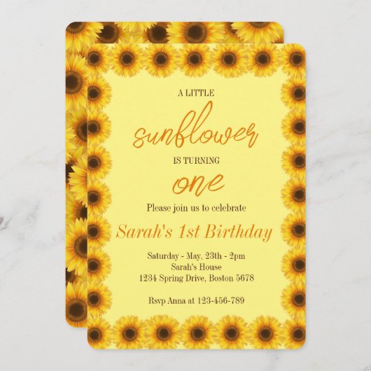 Invitation Petite Fleur de tournesol Fille premier anniversai (Devant / Derrière)