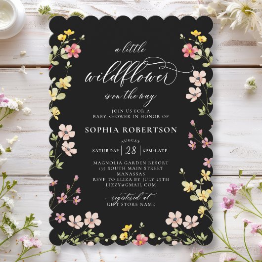 Invitation Petite Fleur Sauvage Baby Shower Bohème Noir
