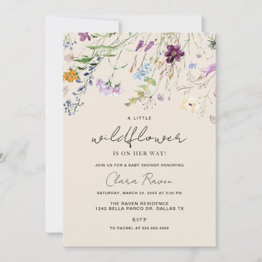 Invitation Petite Fleur Sauvage Beige Fleur Bébé Naissance (Devant)