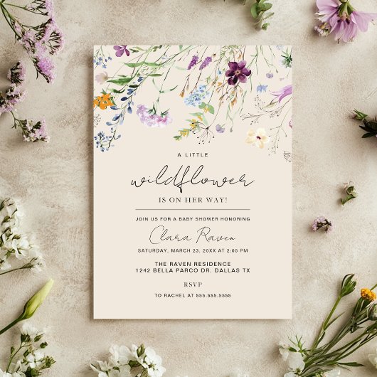 Invitation Petite Fleur Sauvage Beige Fleur Bébé Naissance