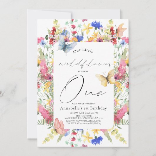 Invitation Petite Fleur sauvage papillon fille 1er anniversai (Devant)