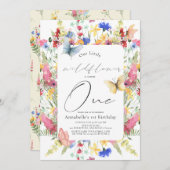 Invitation Petite Fleur sauvage papillon fille 1er anniversai (Devant / Derrière)