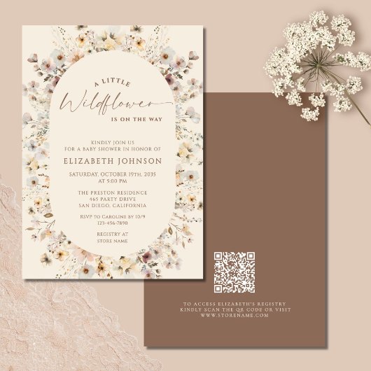 Invitation Petite Fleur Sauvage Rustique Code QR Baby Shower