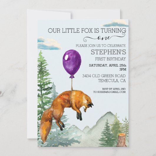 Invitation Petite Fox Aquarelle Forêt de bois Anniversaire (Devant)