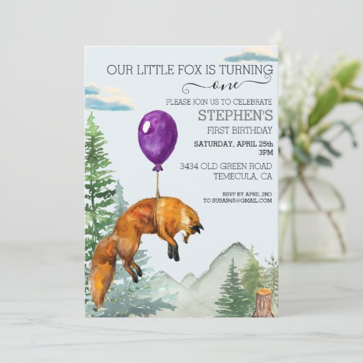 Invitation Petite Fox Aquarelle Forêt de bois Anniversaire (Debout devant)