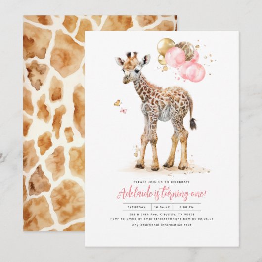 Invitation Petite girafe rose et Brown fille anniversaire (Devant / Derrière)