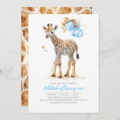 Invitation Petite Giraffe Bleu et Boho Brown Anniversaire (Devant / Derrière)