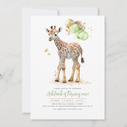Invitation Petite Giraffe Vert et Boho Brown Anniversaire (Devant)