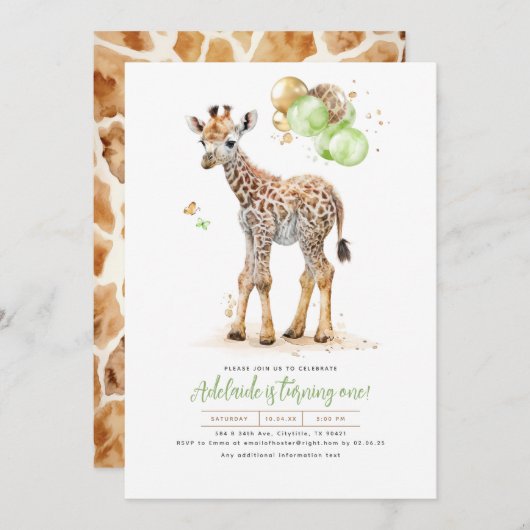 Invitation Petite Giraffe Vert et Boho Brown Anniversaire (Devant / Derrière)