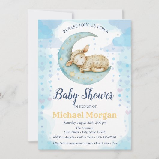 Invitation Petite lune de mouton Coeurs Baby shower bleu (Devant)