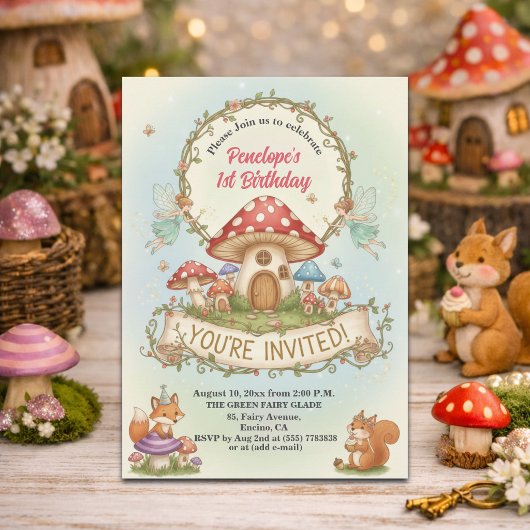 Invitation Petite Maison de Fées Champignons 1er Anniversaire