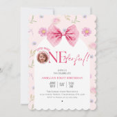 Invitation Petite miss fleurie Pink Bow Onederful 1er anniver (Devant)