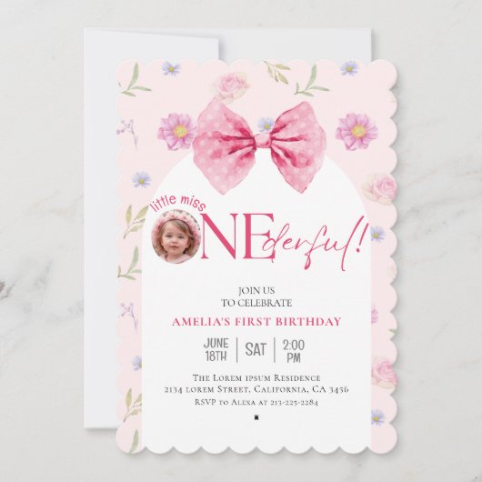 Invitation Petite miss fleurie Pink Bow Onederful 1er anniver (Devant)