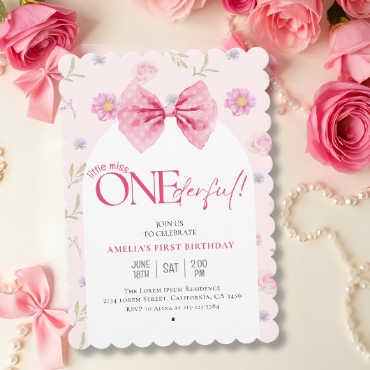 Invitation Petite miss fleurie Pink Bow Onederful 1er anniver