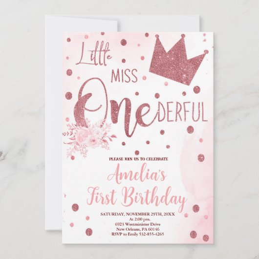 Invitation Petite Miss Onederful Anniversaire, 1er anniversai (Devant)
