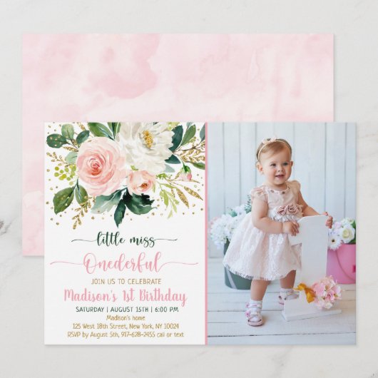 Invitation Petite Miss Onedering Boho Floral Anniversaire (Devant / Derrière)