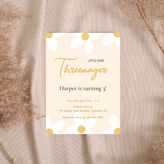 Invitation Petite Miss Trois Reenager Rose Daisy Anniversaire