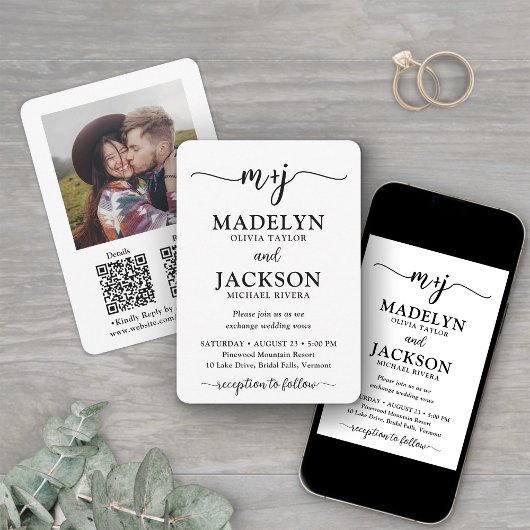 Invitation Petite Monogram QR Code Tout-en-un Photo Mariage