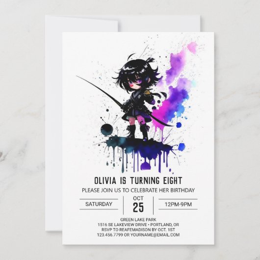 Invitation Petite Ninja numérique personnalisée fille anniver (Devant)