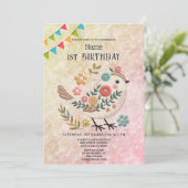 Invitation Petite Oiseau Fleurs Feuilles rose fête d'annivers (Debout devant)