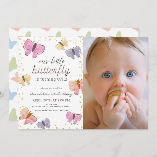 Invitation Petite papillon fille 1er anniversaire Photo (Devant / Derrière)