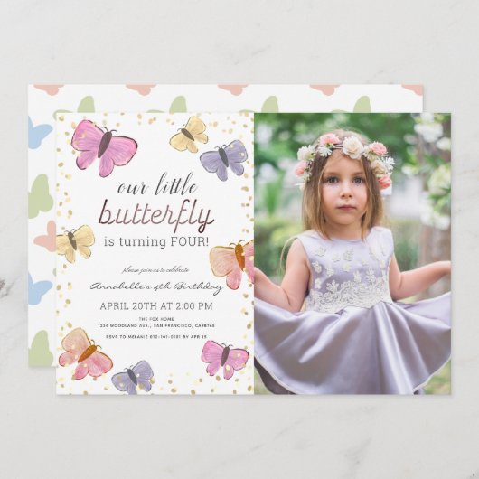Invitation Petite Papillon fille Anniversaire Photo Invitatio (Devant / Derrière)