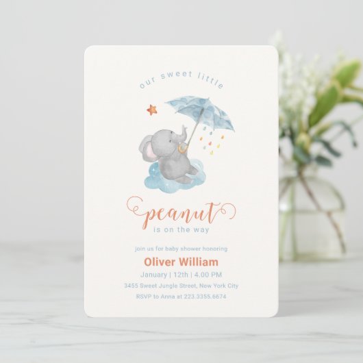 Invitation Petite parapluie bleu éléphant bébé shower (Debout devant)