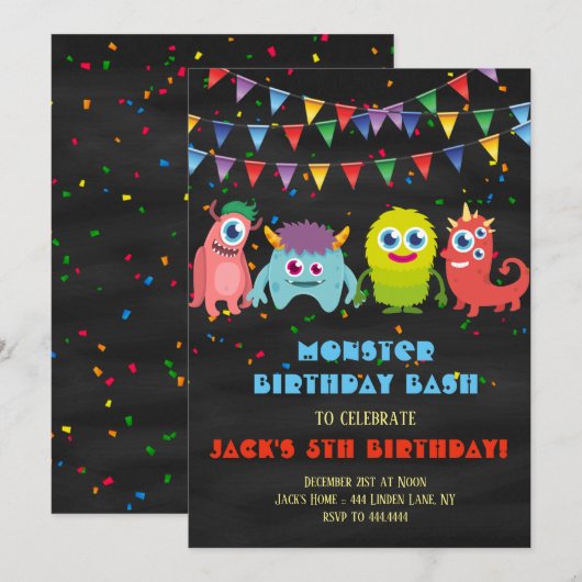 Invitation Petite partie d'anniversaire de enfant de monstre (Devant / Derrière)