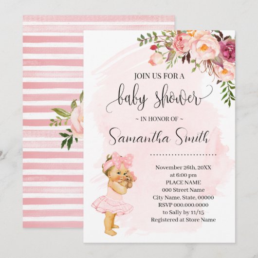 Invitation Petite petite fille Baby shower de fleurs roses (Devant / Derrière)