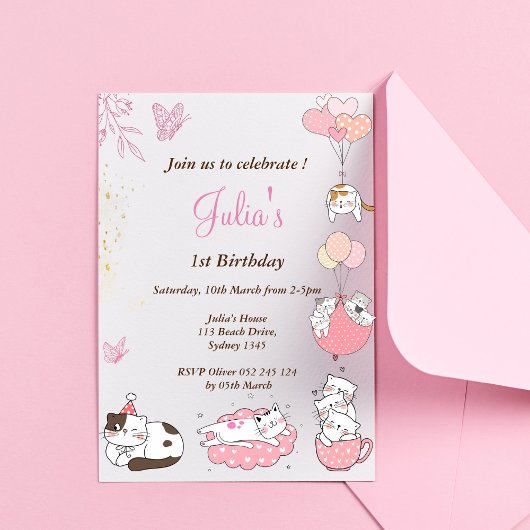 Invitation Petite petite fille chatte 1er anniversaire