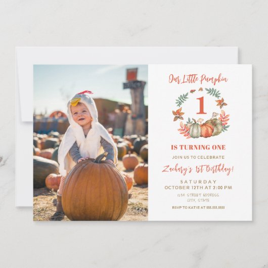 Invitation Petite photo Citrouille Automne 1er anniversaire (Devant)