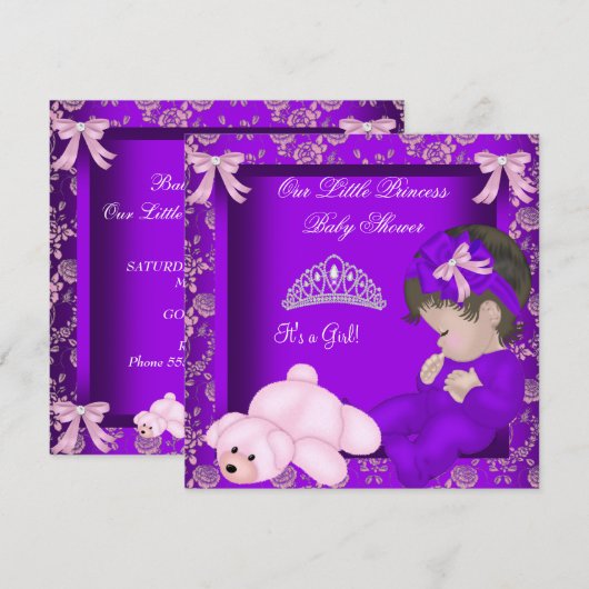 Invitation Petite princesse Baby shower fille pourpre Damas (Devant / Derrière)