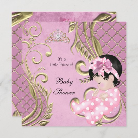 Invitation Petite princesse Baby shower fille rose blanc or (Devant / Derrière)