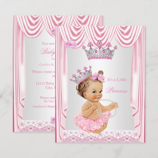 Invitation Petite princesse Baby shower fille rose Brunette (Devant / Derrière)