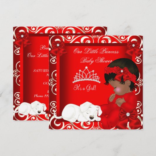 Invitation Petite princesse Baby shower fille rouge Damas (Devant / Derrière)