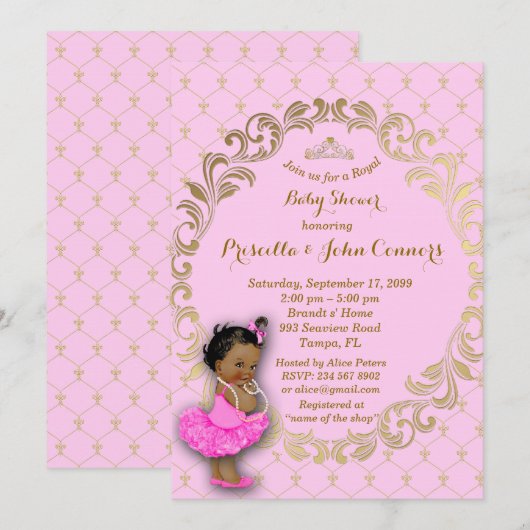 Invitation Petite princesse Baby shower Invitation, or, rose (Devant / Derrière)