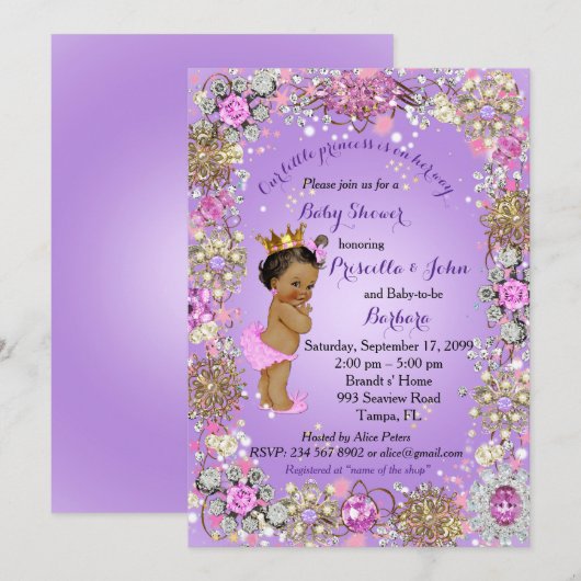 Invitation Petite princesse Baby shower Invitation, or violet (Devant / Derrière)