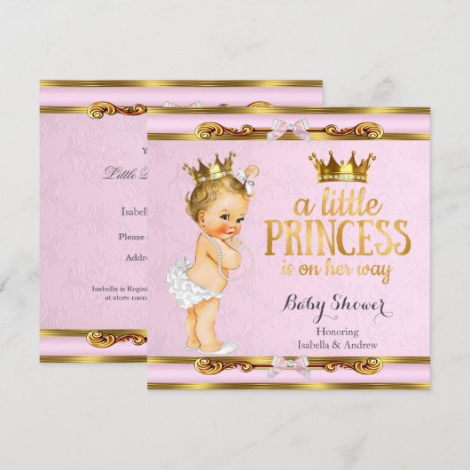 Invitation Petite princesse Baby shower rose or Blonde fille (Devant / Derrière)