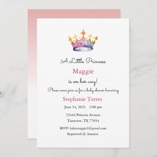 Invitation Petite Princesse, Bébé en Route invitat (Devant / Derrière)