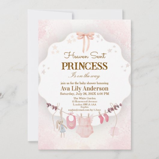 Invitation Petite Princesse Ciel Envoyé Rose Linge de Bébé (Devant)