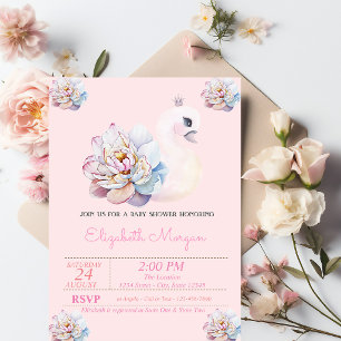 Invitation Petite Princesse, Cygne, Fleurs Rose Baby Shower